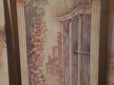 4 canvas paintings depicting a Mediterranean or Italian-style landscape.