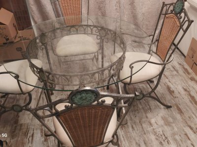 Elegant dining table with glass top & 6 chairs – forged iron with glass elements