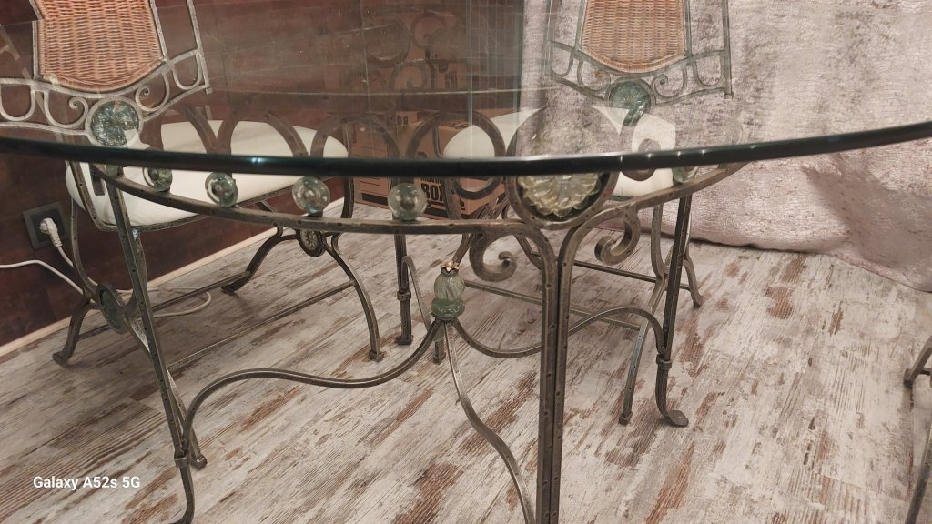 Elegant dining table with glass top & 6 chairs – forged iron with glass elements
