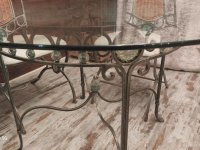 Elegant dining table with glass top & 6 chairs – forged iron with glass elements