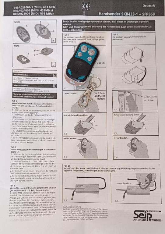 Fernbedienung zu SEIP Garagentor / Torantrieb