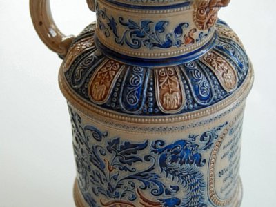 Jarra de vino de cerámica - jarra de cerveza, jarra antigua para servir azul alrededor de 1880 - His