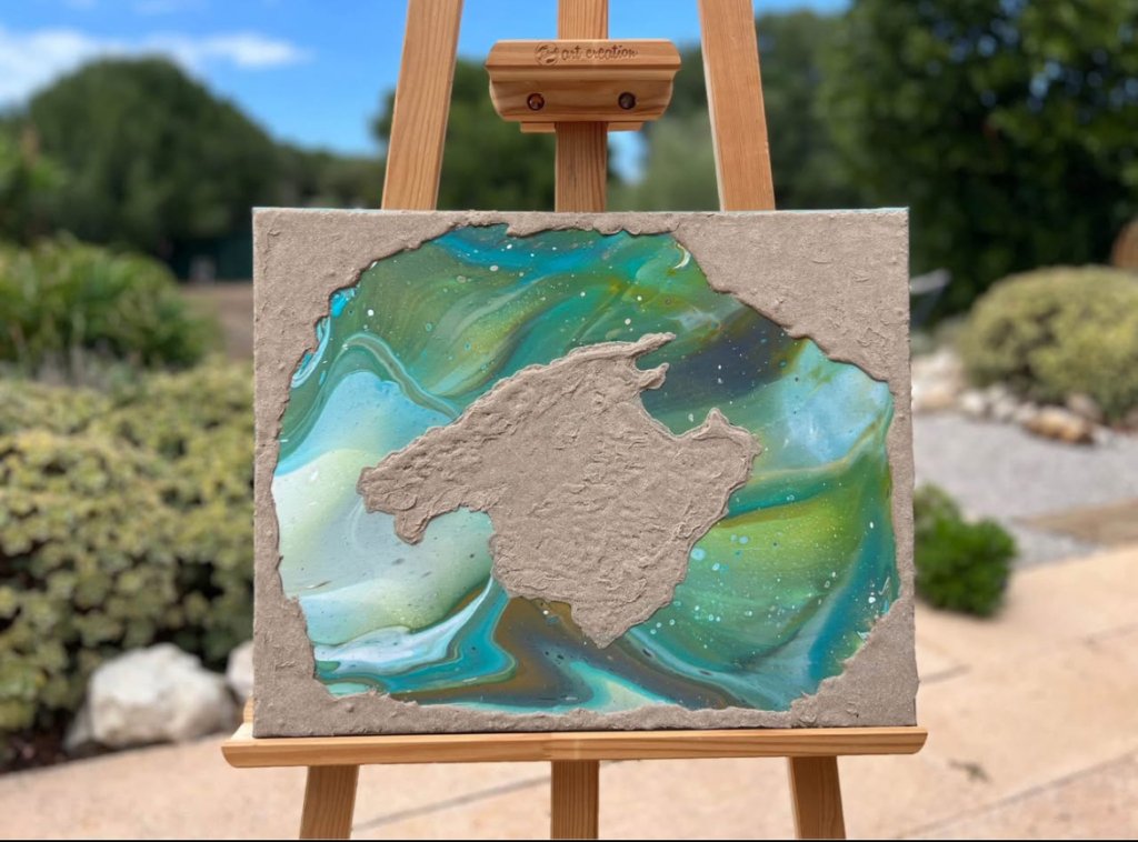 Mallorca acrylic painting with sand on canvas 50x40 green blue