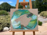 Mallorca acrylic painting with sand on canvas 50x40 green blue