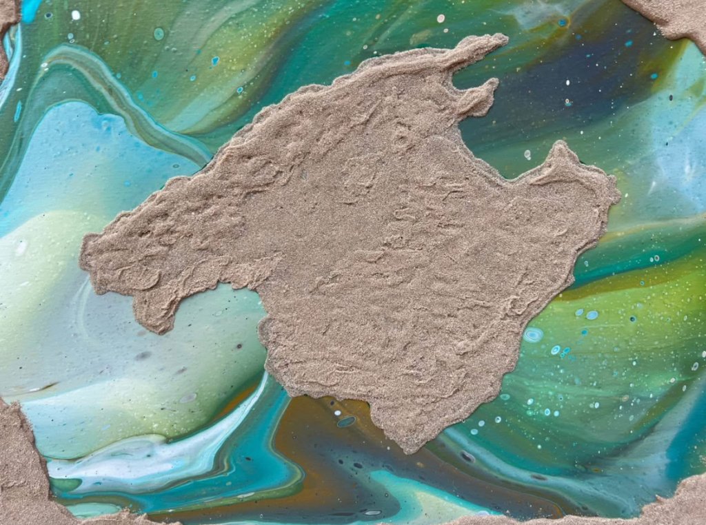 Mallorca acrylic painting with sand on canvas 50x40 green blue