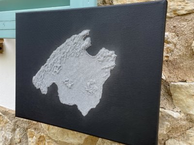 Mallorca sand picture relief, silver on black canvas 40x30