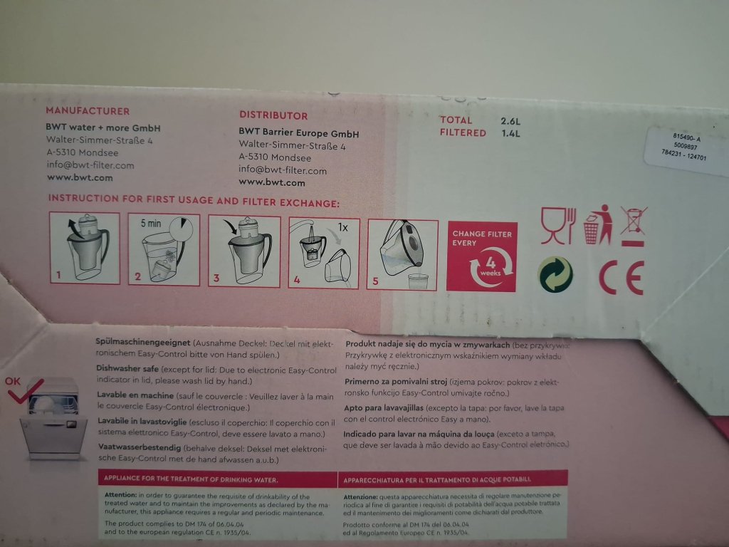 Filtro de agua blanco NUEVO, 2,6 litros, cartucho 1,4 litros